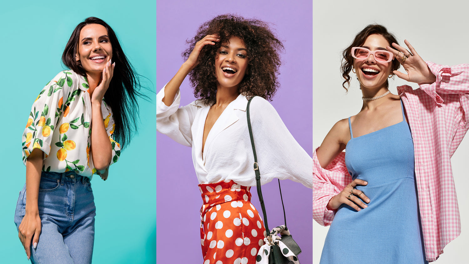 Three women in different outfits on a colorful background