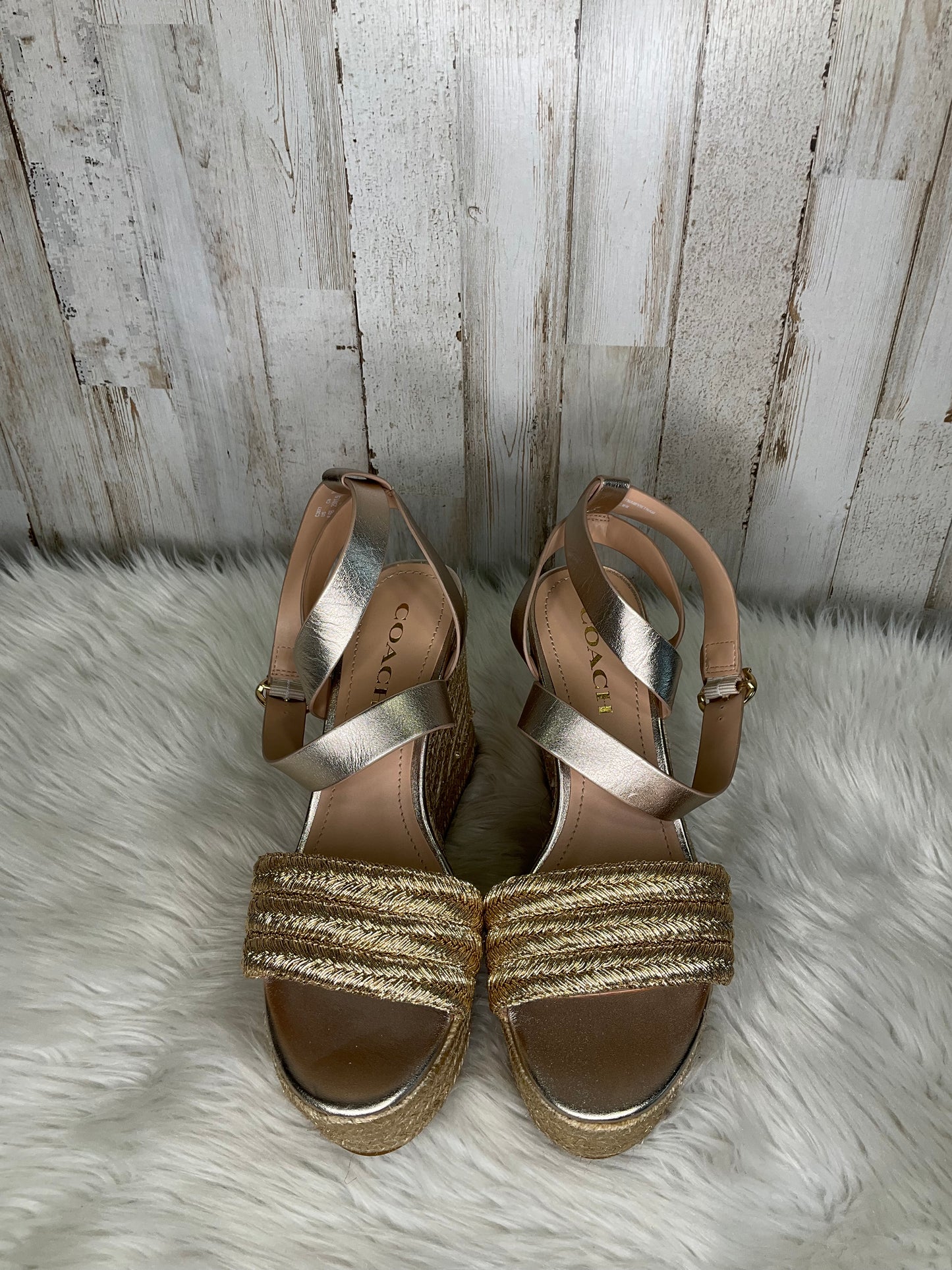 Gold Sandals Heels Wedge Coach, Size 8.5