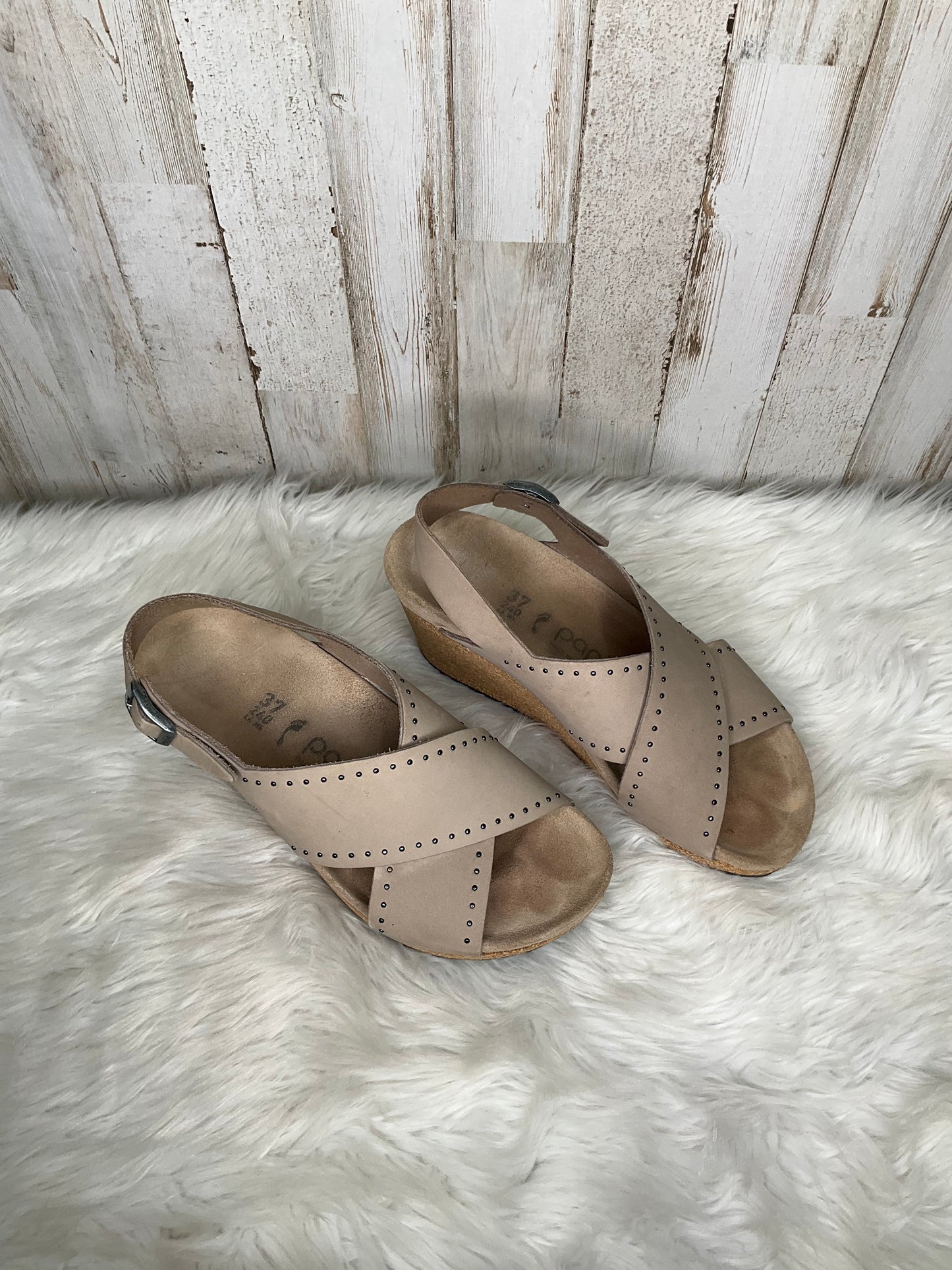 Tan Sandals Heels Wedge Birkenstock, Size 6.5